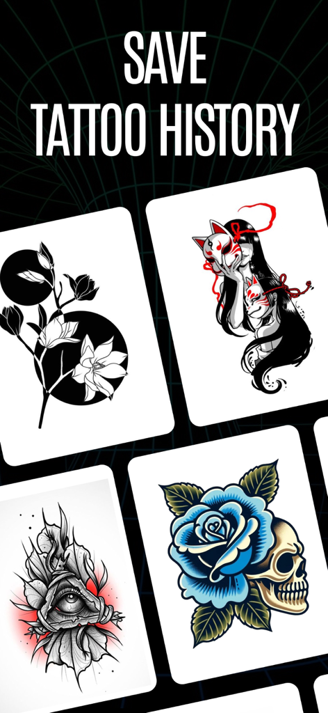 スカル、花、神話のマスクなど、保存されたAI生成タトゥーデザインのコレクションを表示する画面