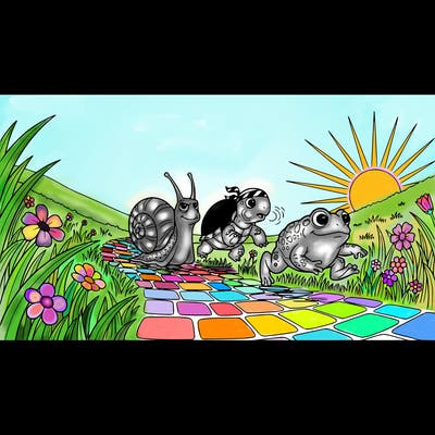 race in a meadow on a pathway between a cartoon snail cartoon tortoise and a cartoon toad