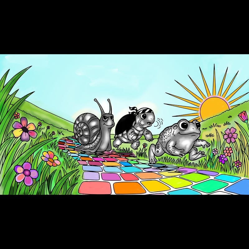 race in a meadow on a pathway between a cartoon snail cartoon tortoise and a cartoon toad