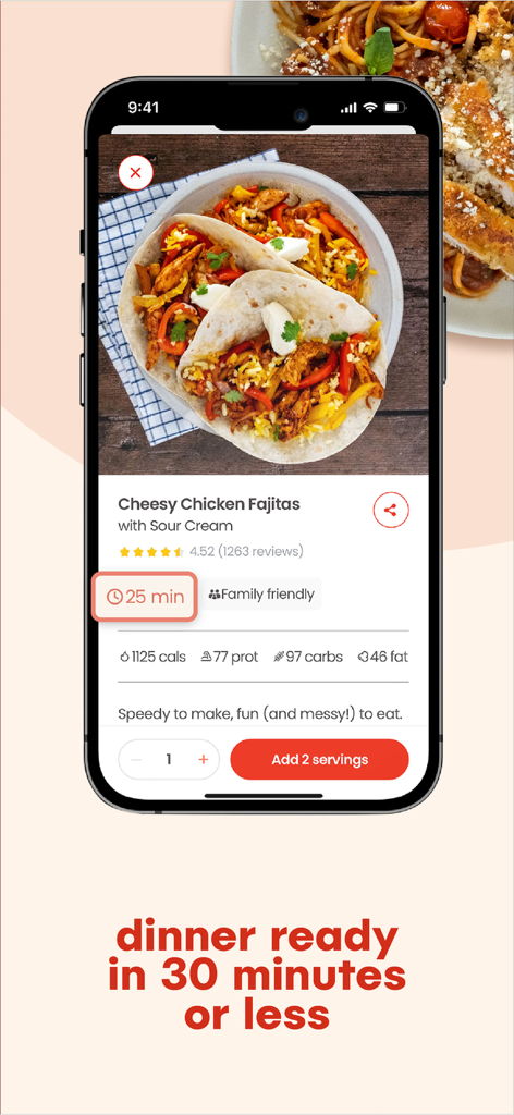 Hello Chef: Meal Kit & Recipes - Hello Chef mobile app displaying a cheesy chicken fajitas recipe with cooking time and nutritional information