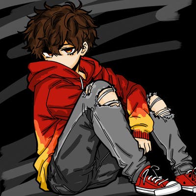 a male hoddie ripped jeans messy hair anime