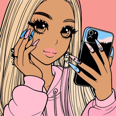 a girl with nails holding a phone realistic