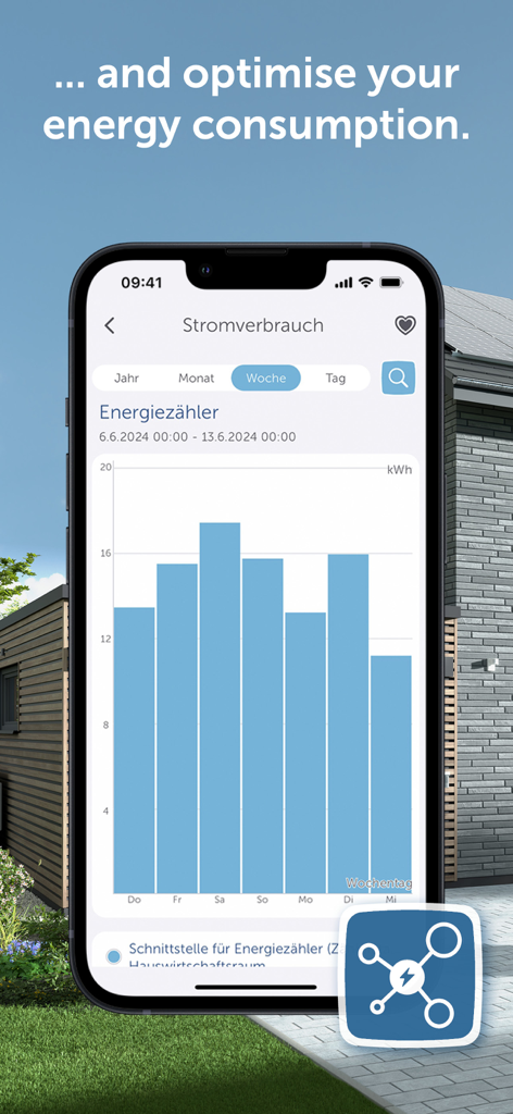 Homematic IP - A smartphone displaying a bar chart for weekly power consumption within the Homematic IP smart home app