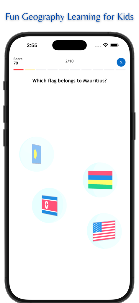 Learn Geography: AV Countries - Tela interativa de quiz de geografia perguntando para identificar a bandeira de Maurício com quatro opções em bolhas flutuantes.
