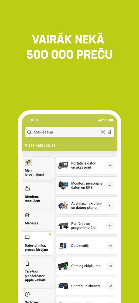 1a.lv - Kopā ar Tevi - Mobile app interface of 1a.lv showing a wide range of shopping categories including electronics and furniture