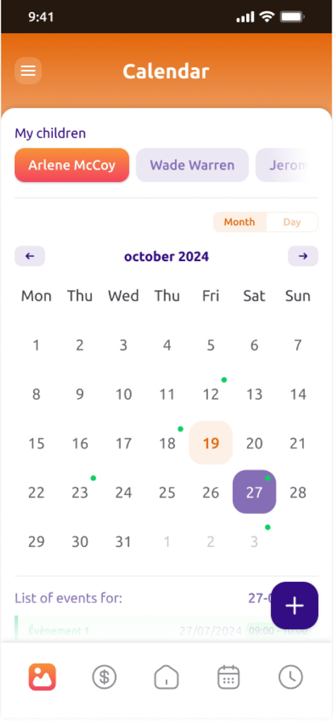 DigiKids - DigiKids mobile app calendar interface showing school schedules and events for multiple children