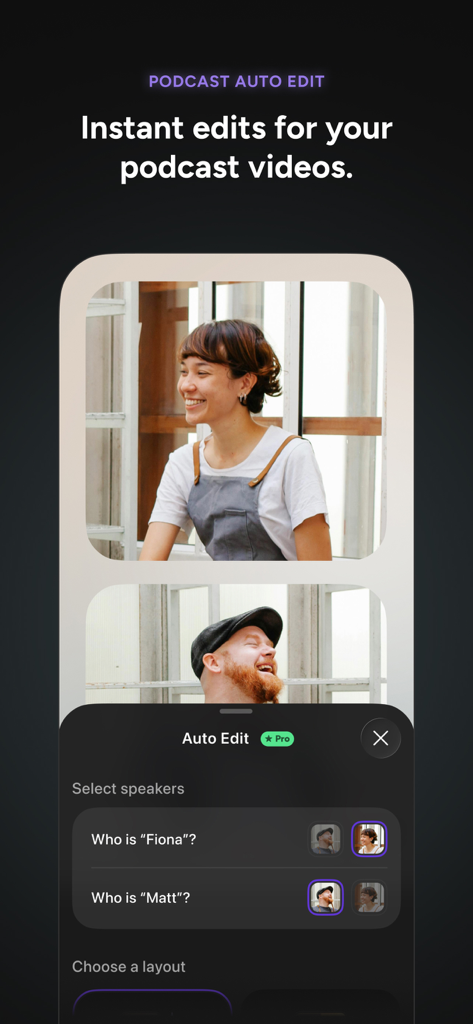 Detail: AI Video Editor - Screenshot of Detail AI Video Editor featuring the Podcast Auto Edit interface with speaker selection for multi-camera video podcasts.