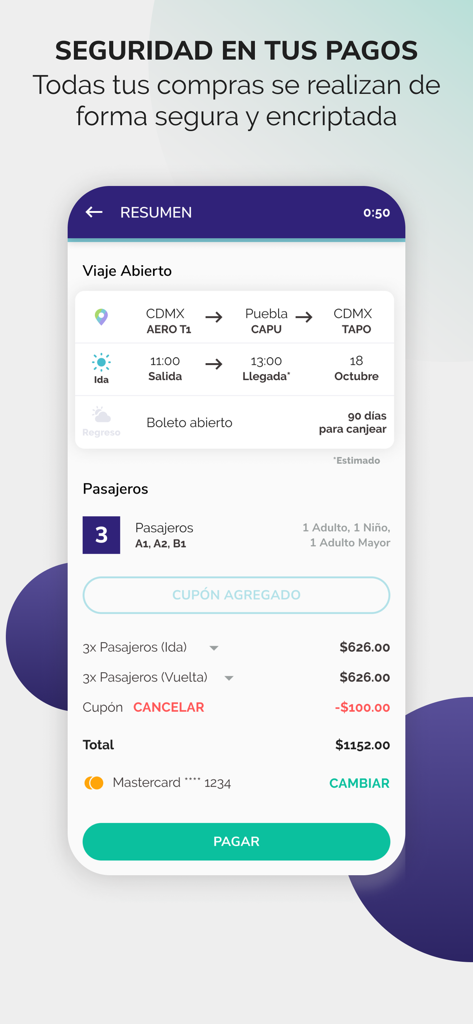 Écran de paiement de l'application de bus Estrella Roja montrant le résumé du billet et les options de paiement sécurisé
