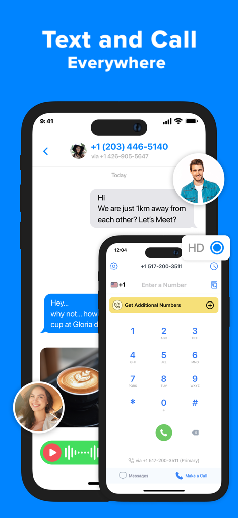 Interface de l'application Deuxième Numéro de Téléphone montrant une conversation de chat et un pavé numérique pour appeler.