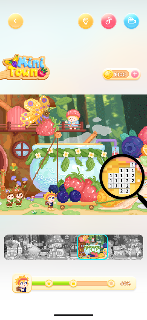 No.Pix - Color by Number - No.Pix app gameplay showing a colorful pixel art scene of a mini town with a magnifying glass revealing numbered coloring cells