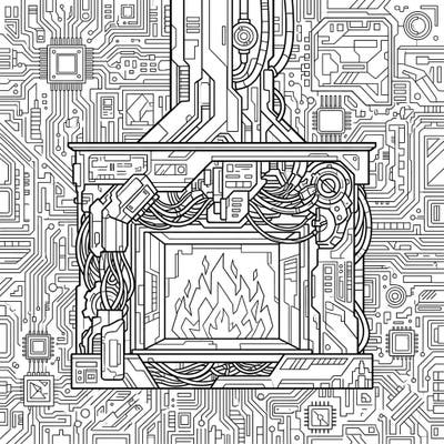Discover a unique blend of warmth and technology with our Cyberpunk Fireplace coloring page. This intricate design features a high-tech hearth surrounded by complex circuitry and futuristic elements, offering a thrilling creative escape.