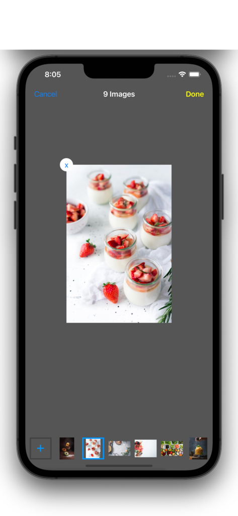 Image PDF Maker - Image to PDF - A smartphone screen displaying the image selection and editing interface of the Image PDF Maker app with multiple photo thumbnails at the bottom.