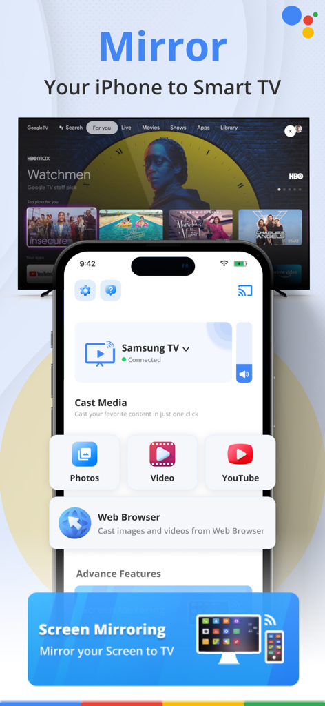 TV Cast: Mirror Home Screen - Interface of TV Cast app showing options to mirror iPhone screen to a Smart TV