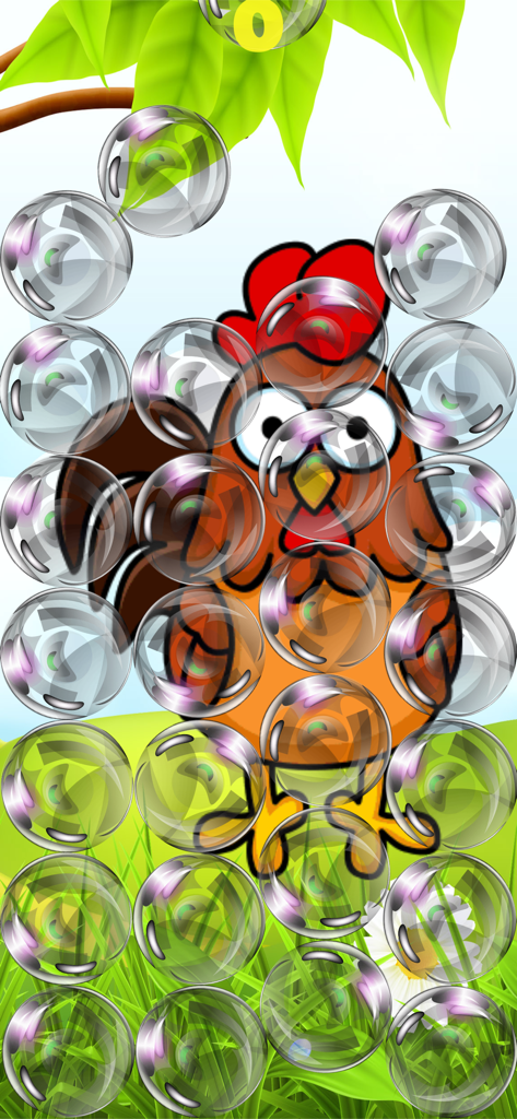 Toddler Animal Pop - 緑の野原で透明な泡に覆われた漫画の雄鶏のキャラクターが表示されたToddler Animal Popのゲームプレイ。