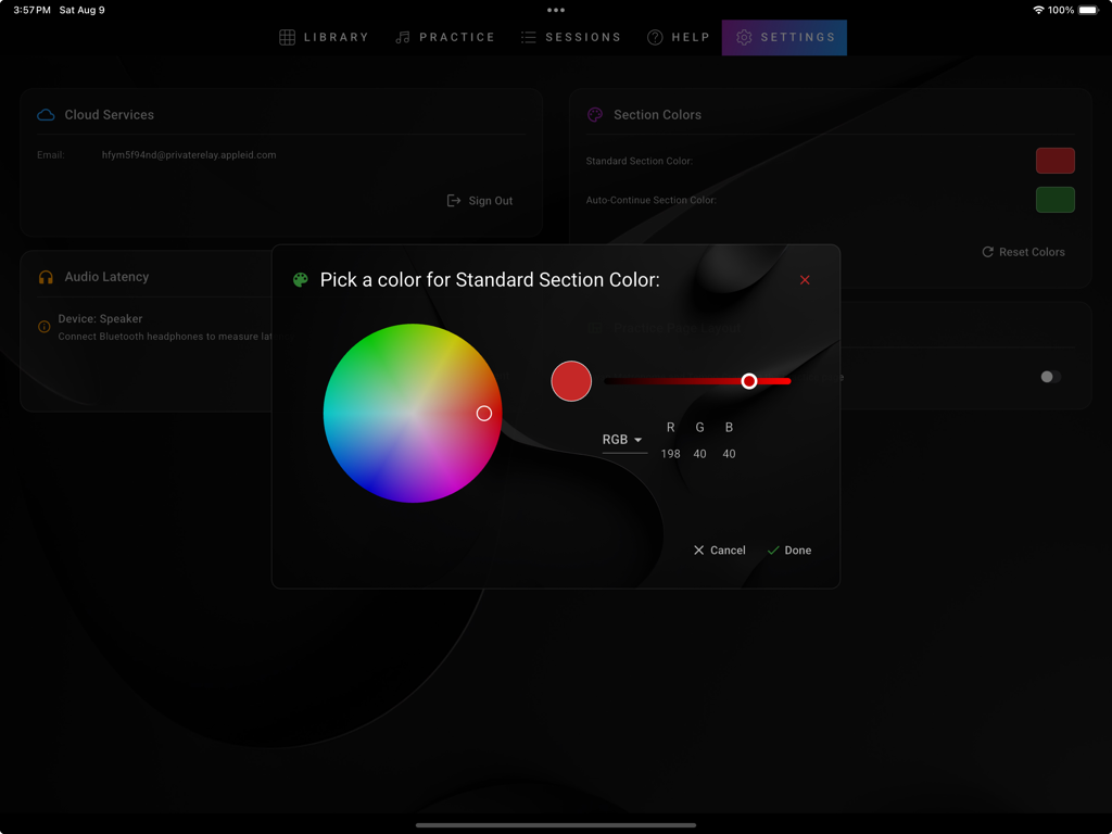 GPhil - GPhil app settings menu with a color picker for section customization