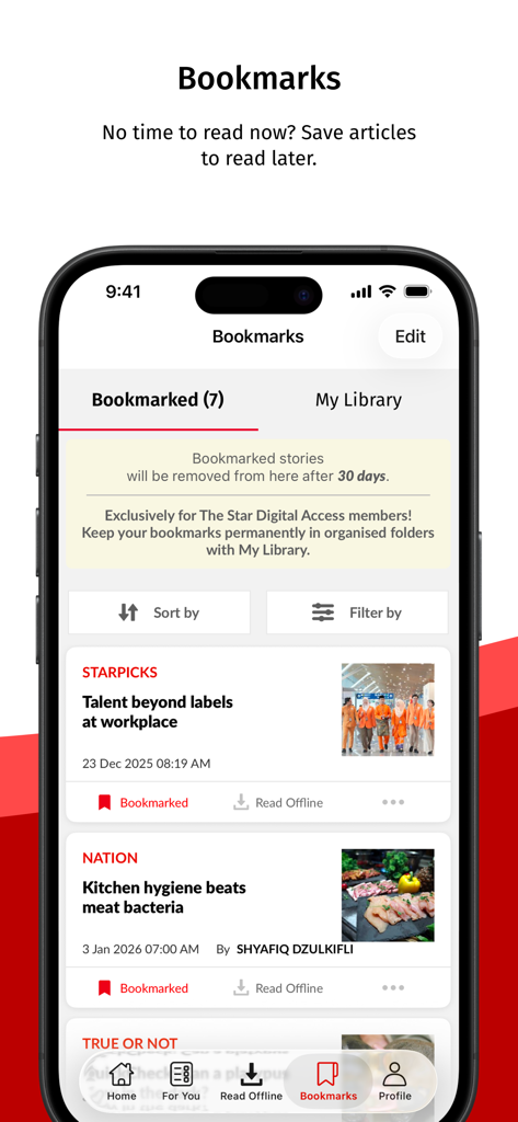 The Star Malaysia - A screenshot of the Bookmarks section in The Star Malaysia app showing a list of saved news articles for later reading.