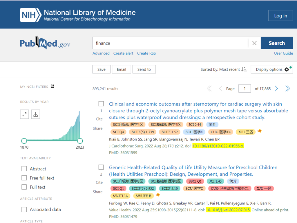 Screenshot of PubMed search results showing easyScholar journal ranking tags and impact factors for academic papers.