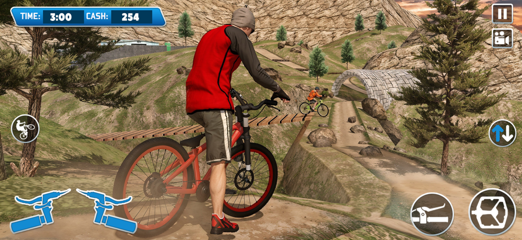 나무 경사로와 자연 풍경이 있는 오프로드 산악 트레일을 달리는 빨간색 BMX 자전거를 탄 플레이어를 보여주는 3D 모바일 게임 스크린샷