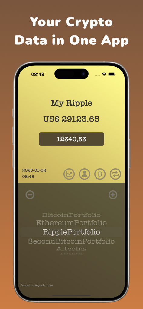 My Crypto - Widget & Chart - IPhone interface of the My Crypto app showing a Ripple portfolio balance and a list of different cryptocurrency accounts