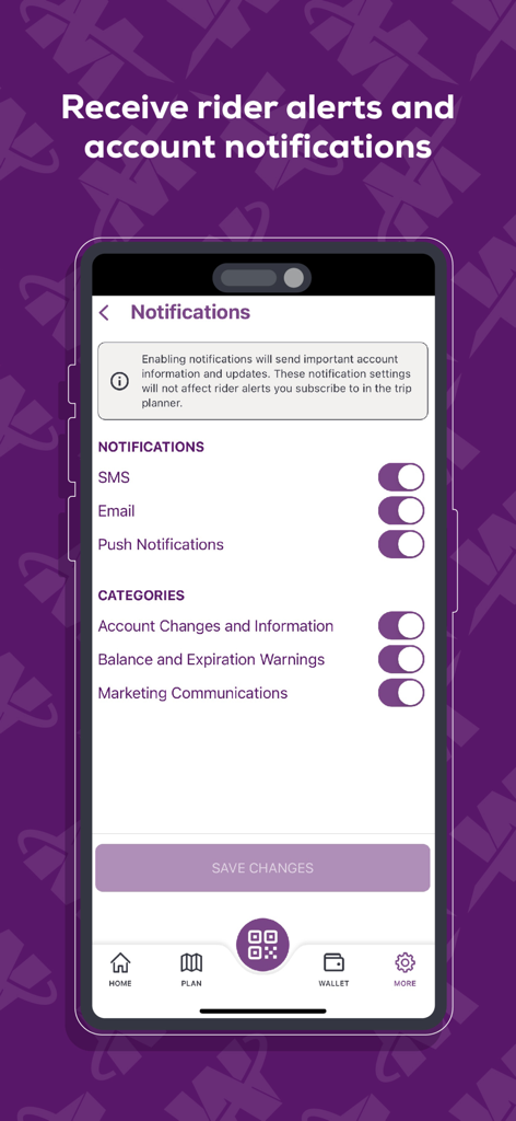 Screenshot of the Valley Metro app showing the notification settings for SMS, email, and push notifications including rider alerts and account updates.