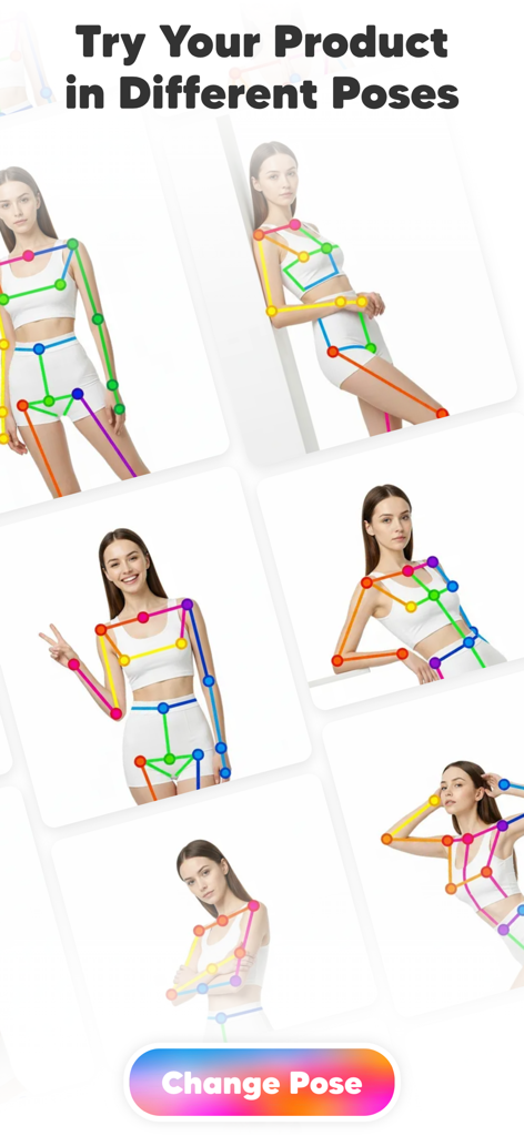 AI Fashion Model Maker: Diress - Multiple AI model pose options with colorful pose tracking lines
