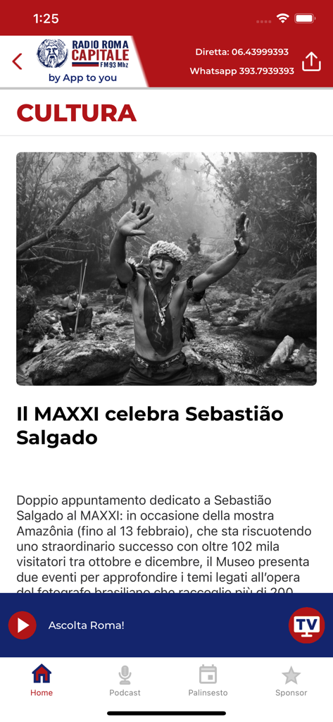 Sezione notizie di cultura dell'app Radio Roma Capitale con un articolo sulla mostra di Sebastião Salgado
