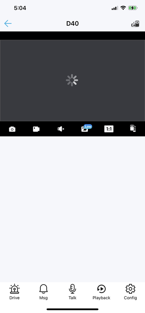 VideoLink - VideoLink mobile app interface showing a loading screen for a security camera feed with navigation icons for intercom and playback