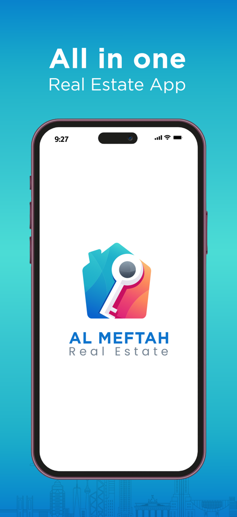 Homekey Finder のスプラッシュ スクリーンが表示された携帯電話。All in one Real Estate App というタグラインと家の鍵のロゴが付いています。