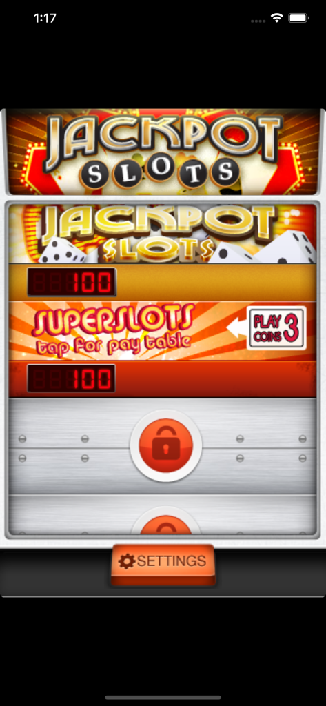 Jackpot Slots - Menú principal de la aplicación móvil Jackpot Slots que muestra niveles de juego y un icono de bloqueo.