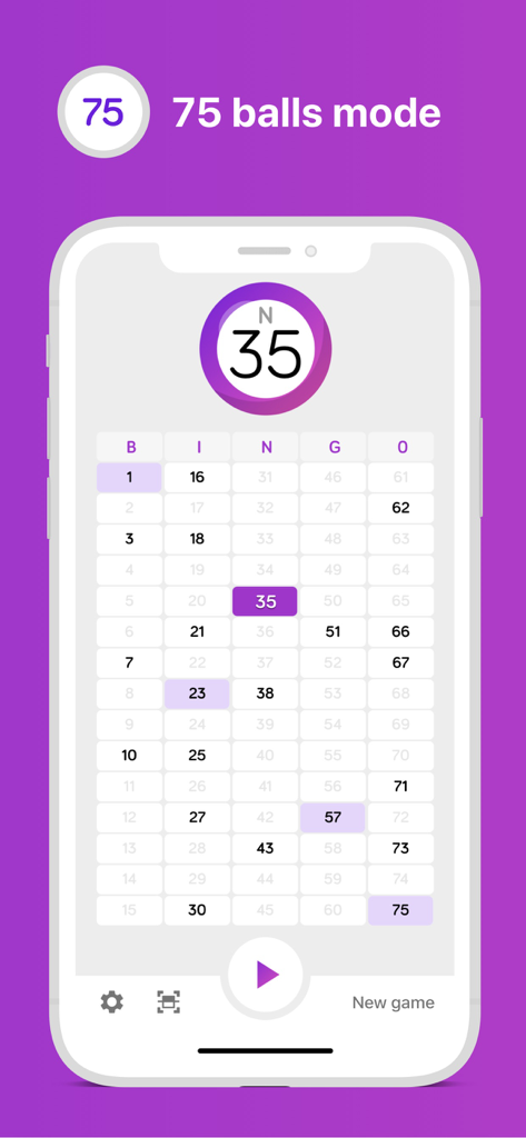 Interfaz de la aplicación bingo!! Lite mostrando el modo de 75 bolas con un tablero digital de números y la bola actual cantada