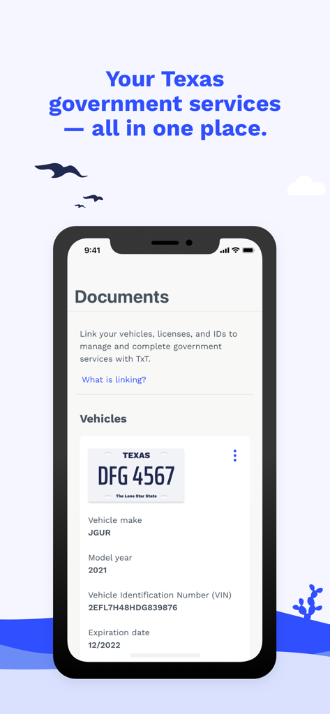 Texas by Texas (TxT) - Texas by Texas app dashboard displaying vehicle registration and linked documents on a smartphone