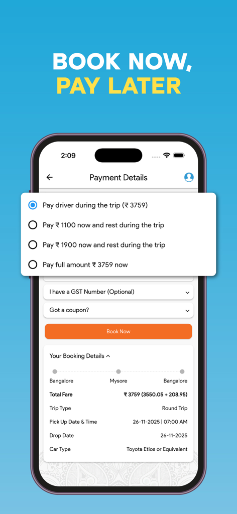Savaari app screen showing flexible payment options and booking details for a car rental trip