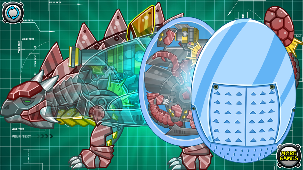 A mechanical Ankylosaurus dinosaur being assembled on a green blueprint background with a large blue egg shell.