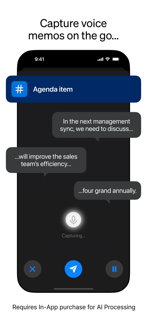 Tana mobile app interface capturing and transcribing a voice memo into an agenda item