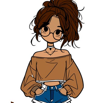 girl with a messy ponytail glasses a baggy crop top and jean shorts