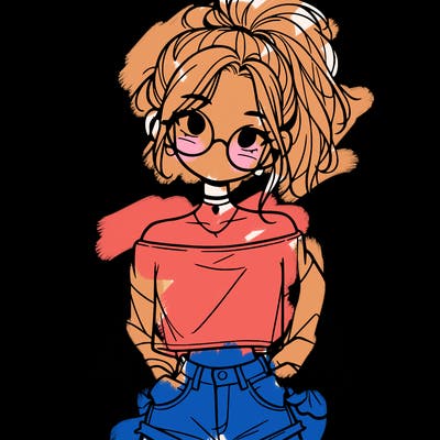 girl with a messy ponytail glasses a baggy crop top and jean shorts