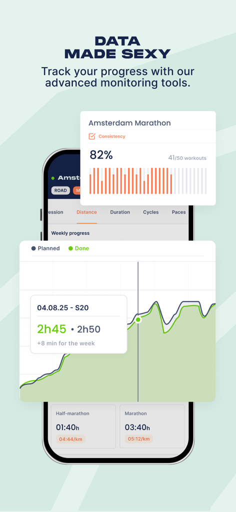 Campus Coach app interface displaying marathon training consistency and running performance charts.