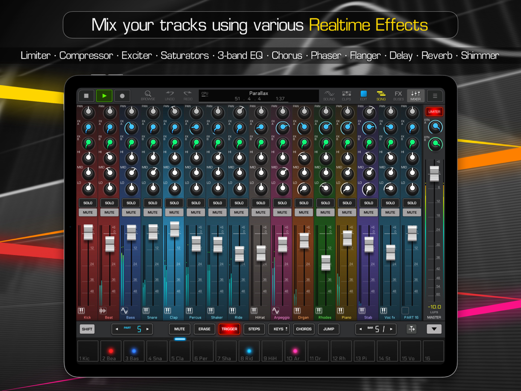 Groove Rider 2 - App di produzione musicale Groove Rider 2 che mostra un'interfaccia mixer professionale multicanale su un iPad