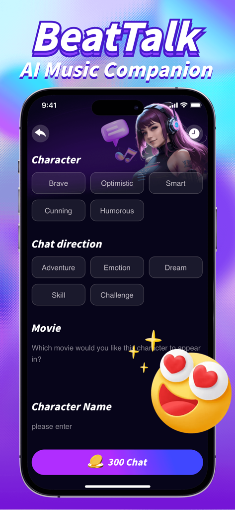 Luvia - Live Chat，Adult Share - Interface of the BeatTalk app showing options to customize an AI music companion including character traits and chat directions