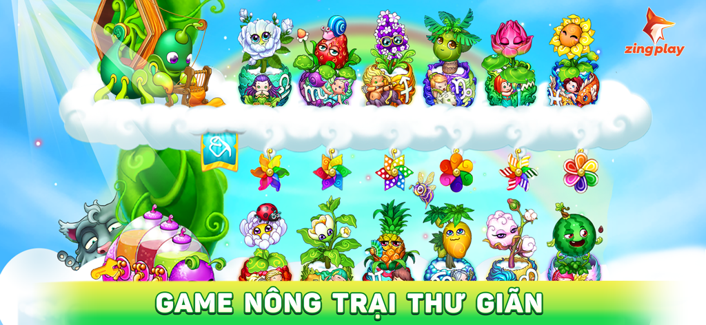 Cute Chibi plant characters in the ZingPlay Khu Vuon Tren May farm game