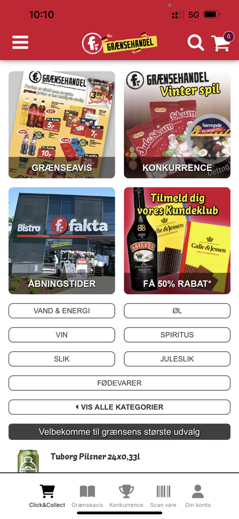 Fakta Tyskland f,- - Fakta Tyskland shopping app home screen featuring border flyers, store categories, and customer club discounts.