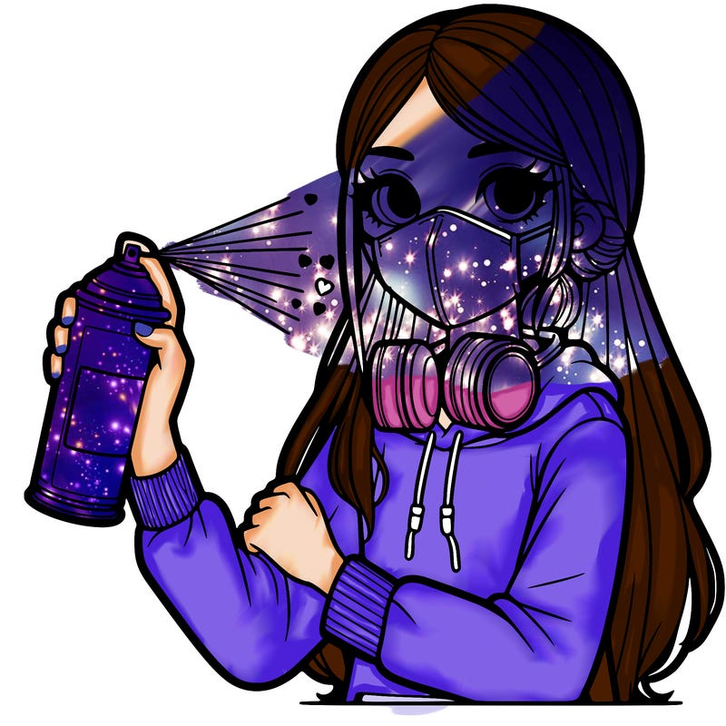 a girl wearing a mask, holding a can of spray paint with spray paint on her clothes and long hair