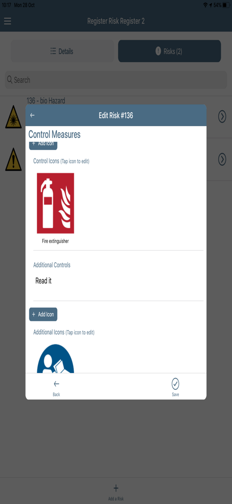 A mobile interface showing the Edit Risk screen within the MY Risk Assessments app, featuring options for control measures and safety icons.