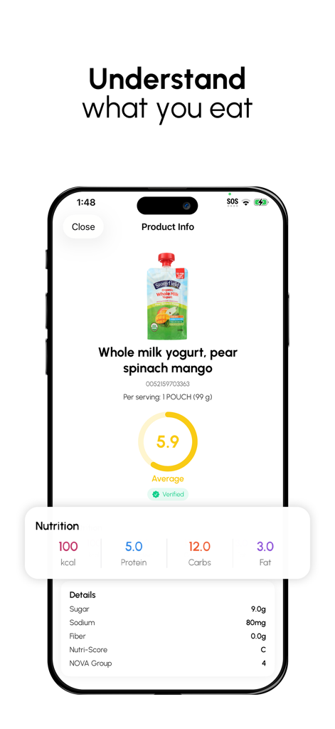 Calofit - AI Food Tracker - Calofit app screen showing calories, macros, and food quality score for a scanned yogurt pouch.