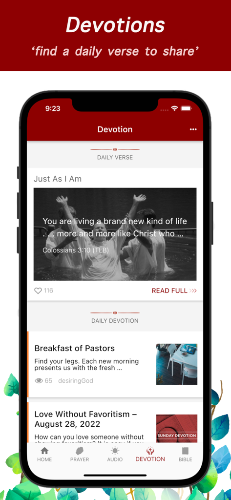 Daily devotion and Bible verse screen on the iPray mobile app