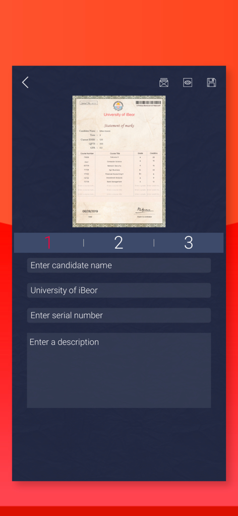 Una interfaz móvil para editar un expediente académico universitario profesional con campos de entrada de texto