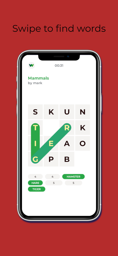 Word Salad: a daily puzzle - Pantalla de smartphone mostrando el juego de puzle diario de Word Salad con una cuadrícula de letras con temática de mamíferos.