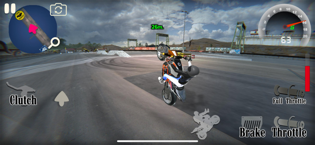 Wheelie King 4 - Captura de pantalla del juego de Wheelie King 4 mostrando una motocicleta realizando una acrobacia de caballito con controles en pantalla.