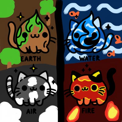 4 cats that represent the different elements, earth, water, air, and fire