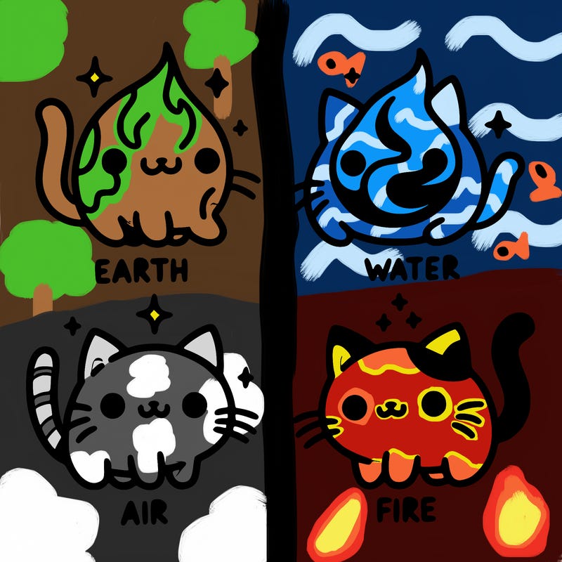 4 cats that represent the different elements, earth, water, air, and fire